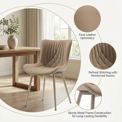 Kidol & Shellder Dining Chairs Set of 2, Mid Century Modern Kitchen Chairs with Metel Legs Armless, PU Leather Upholstered Side Chair for Dining Room, Living Room, Lounge, Restaurant, Khaki