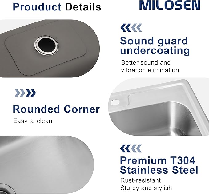 MILOSEN 33''x22'' Drop in Kitchen Sink, Topmount T304 Stainless Steel Sink with Three Holes, Single Bowl 9'' Deep Sinks with Strainer, Round Corner Large and Deep Sinks, Brushed Finish