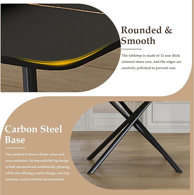Runboll 47"-71" Extendable Sintered Stone Dining Table for 4 to 8, Modern Rectangular Kitchen Table with Carbon Steel Legs for Dining Room Family Gathering