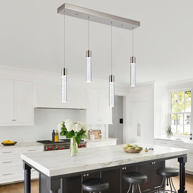 4-Light Pendant Light Fixtures for Kitchen Island, Updated Preminum LED Pendant Lighting with Crystal Bubble, 32W Modern Hanging Ceiling Light, 6000K Light for Dining Room,for Kitchen…