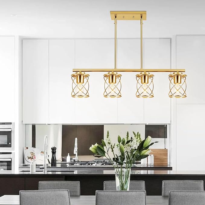 mavcadonf Kitchen Island Light, 4-Light Dining Room Lighting Fixtures Hanging, Farmhouse Linear Pendant Light for Kitchen Island Table Living Room with Adjustable Rods, Brushed Gold