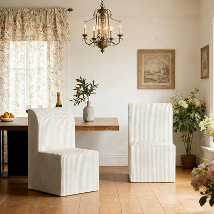 Modern Corduroy Upholstered Armless Dining Chair Set of 2, Comfortable Dining Room Chair Side Leisure Chairs with Mid Back for Dining Room Kitchen Bedroom Reading Room, No Assemble, Beige