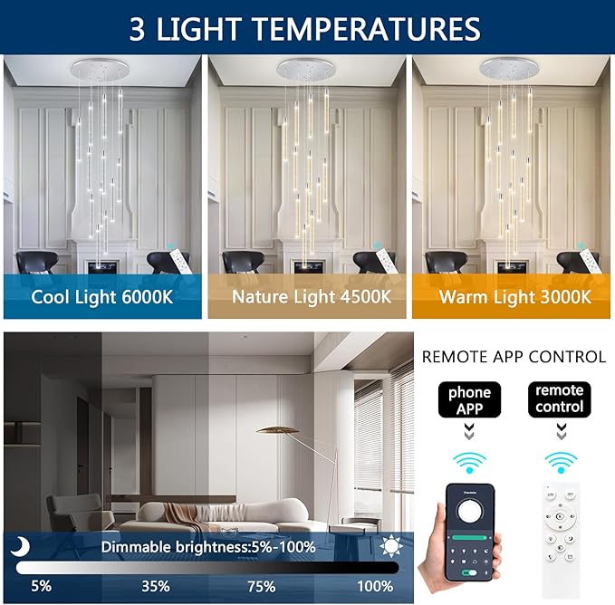 Modern 10-Light LED Dimmable Pendant Crystal Chandelier for High Ceiling
