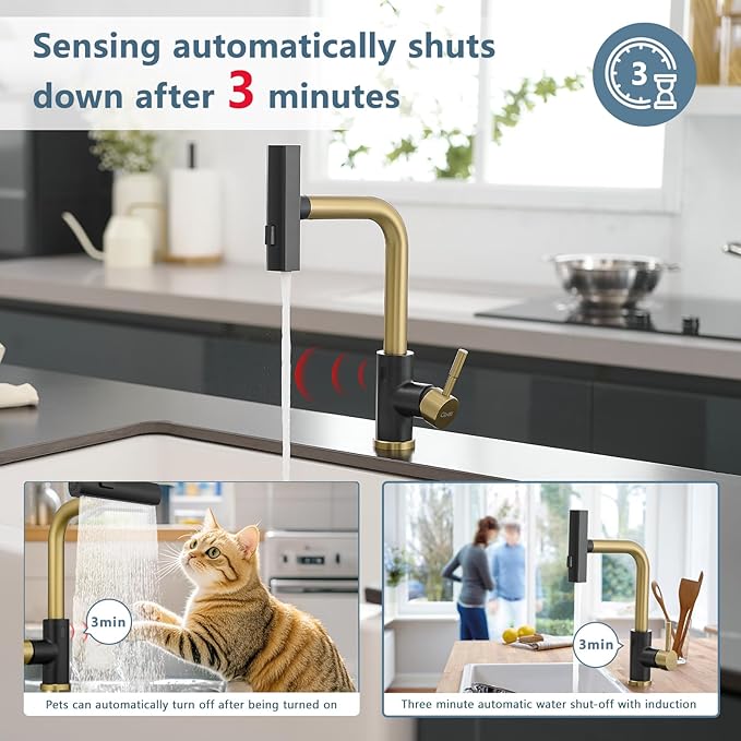 GIMILI Black and Gold Touchless Kitchen Faucet with Pull Down Sprayer, 15” Hight Single Hole Handle Kitchen Sink Faucets