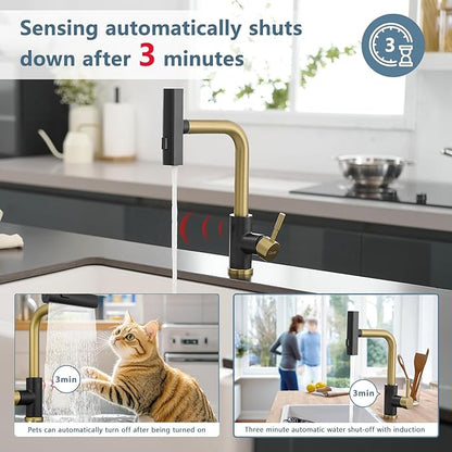 GIMILI Black and Gold Touchless Kitchen Faucet with Pull Down Sprayer, 15” Hight Single Hole Handle Kitchen Sink Faucets