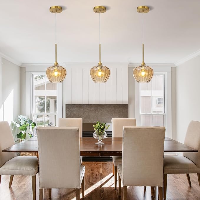 7 Inch Amber Glass Pendant Lights Kitchen Island, Modern Adjustable Pendant Light Fixtures Vintage Gold Ceiling Hanging Lamp for Dining Room Bathroom Bedroom