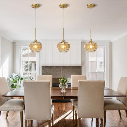 7 Inch Amber Glass Pendant Lights Kitchen Island, Modern Adjustable Pendant Light Fixtures Vintage Gold Ceiling Hanging Lamp for Dining Room Bathroom Bedroom