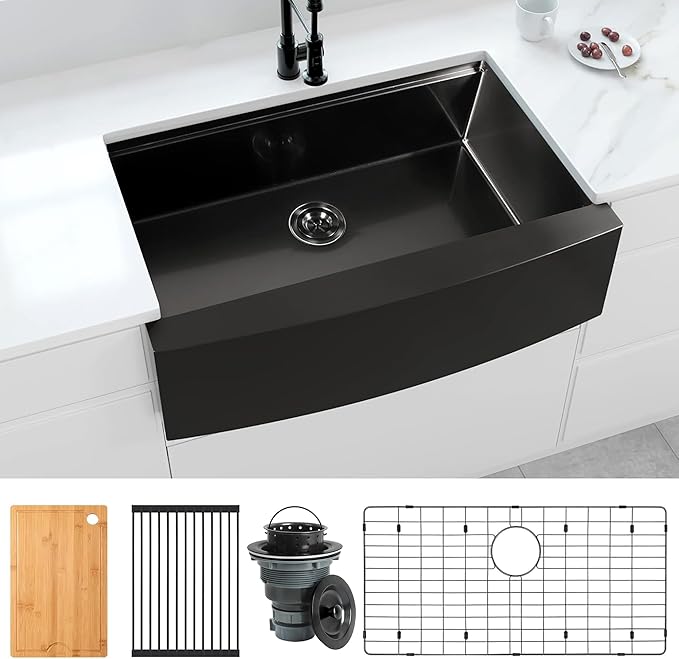 Black Farmhouse Kitchen Sink,16 Gauge 304S Stainless Steel Workstation Farm Sinks with Accessories, 33" x 20" x 10" Large and Deep Single Bowl Apron Front Kitchen Sinks