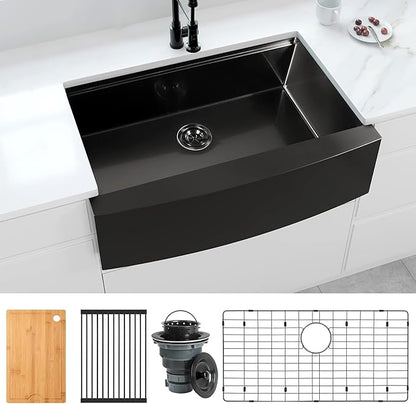Black Farmhouse Kitchen Sink,16 Gauge 304S Stainless Steel Workstation Farm Sinks with Accessories, 33" x 20" x 10" Large and Deep Single Bowl Apron Front Kitchen Sinks