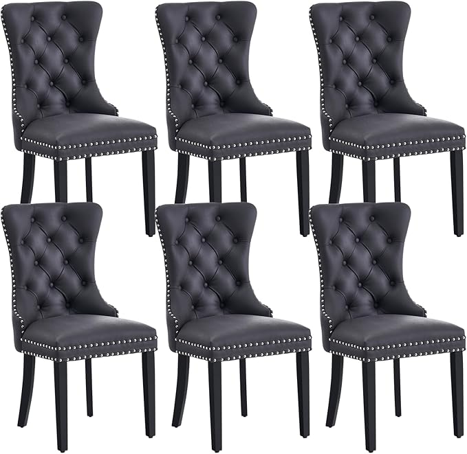 Eifizek Leather Dining Chair Set of 6, Dining Room Chairs with Nailhead Ring Pull Trim, Upholstered Dining Chairs with Solid Wood Legs for Kitchen Dining Room (Black)