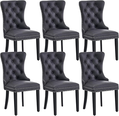 Eifizek Leather Dining Chair Set of 6, Dining Room Chairs with Nailhead Ring Pull Trim, Upholstered Dining Chairs with Solid Wood Legs for Kitchen Dining Room (Black)