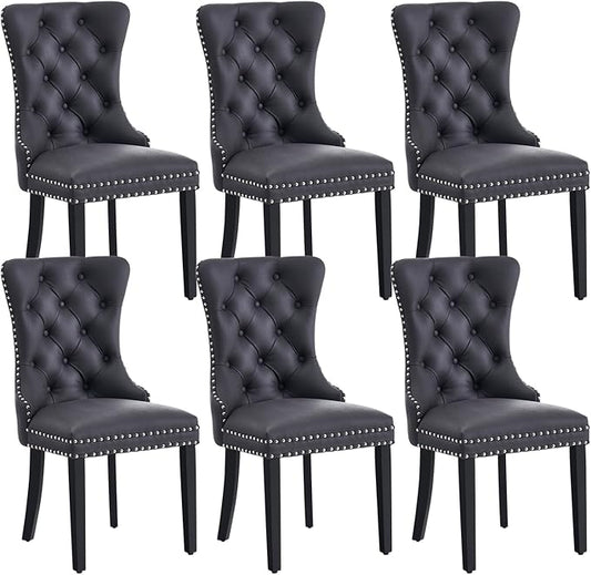 Eifizek Leather Dining Chair Set of 6, Dining Room Chairs with Nailhead Ring Pull Trim, Upholstered Dining Chairs with Solid Wood Legs for Kitchen Dining Room (Black)