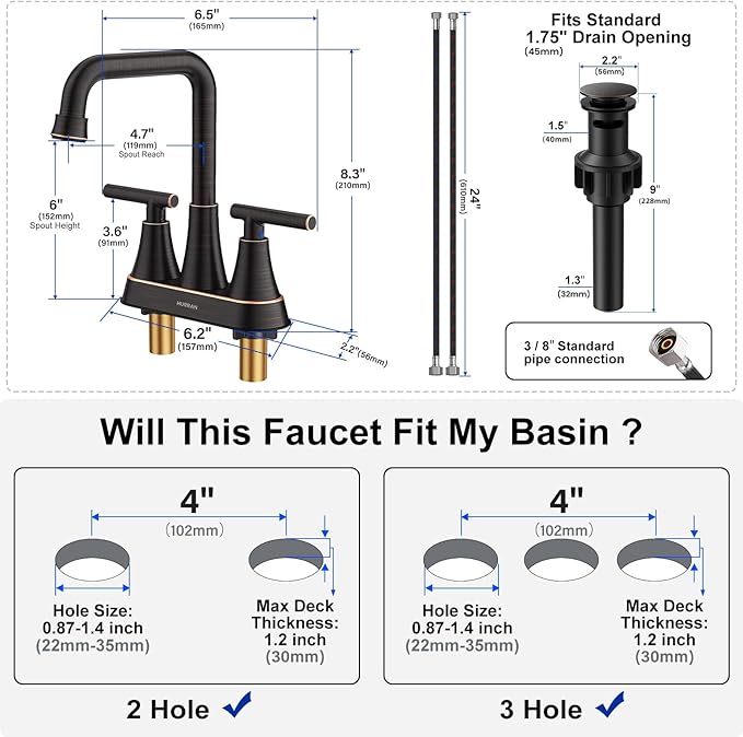Bathroom Sink Faucet, Hurran 4 inch Oil Rubbed Bronze Bathroom Faucets for Sink 3 Hole with Pop-up Drain and Supply Hoses, 2-Handle Centerset Faucet for Vanity RV Farmhouse, 2 Pack
