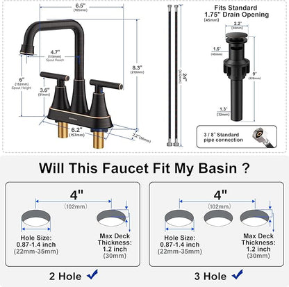 Bathroom Sink Faucet, Hurran 4 inch Oil Rubbed Bronze Bathroom Faucets for Sink 3 Hole with Pop-up Drain and Supply Hoses, 2-Handle Centerset Faucet for Vanity RV Farmhouse, 2 Pack
