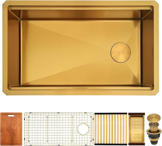 Kitsitchen Gold Undermount Kitchen Sink 33 Inch, 16 Gauge Stainless Steel Undermount Kitchen Sink,Single Bowl Ledge Workstation Handmade Sinks with Custom Accessories & Offset Drain (33" X 18"X 10")
