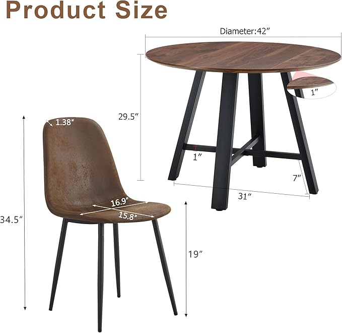 Round Dining Table Set for 4 People, 42 Inch Diameter with Dark Walnut Textured MDF Top and Black Metal Legs, Includes Brown Technology-Fabric Chairs for Kitchen and Dining Room