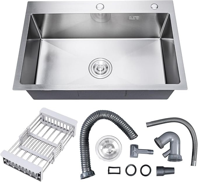 30" x 18" x 9" Topmount Kitchen Sink, 304 Stainless Steel Drop in Single Bowl Sink with Basket Strainer for RV, Travel Trailer, Garage(Nano)