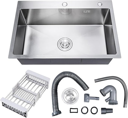 30" x 18" x 9" Topmount Kitchen Sink, 304 Stainless Steel Drop in Single Bowl Sink with Basket Strainer for RV, Travel Trailer, Garage(Nano)