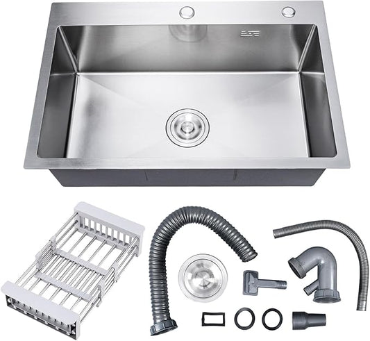 30" x 18" x 9" Topmount Kitchen Sink, 304 Stainless Steel Drop in Single Bowl Sink with Basket Strainer for RV, Travel Trailer, Garage(Nano)