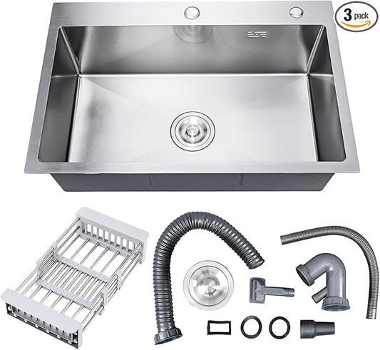 23.6 x 17.7 Inch Kitchen Sink Drop in, Stainless Steel Nano-Coating Kitchen Sinks, 8" Deep Single Bowl Sink with Basket & Drain Kit