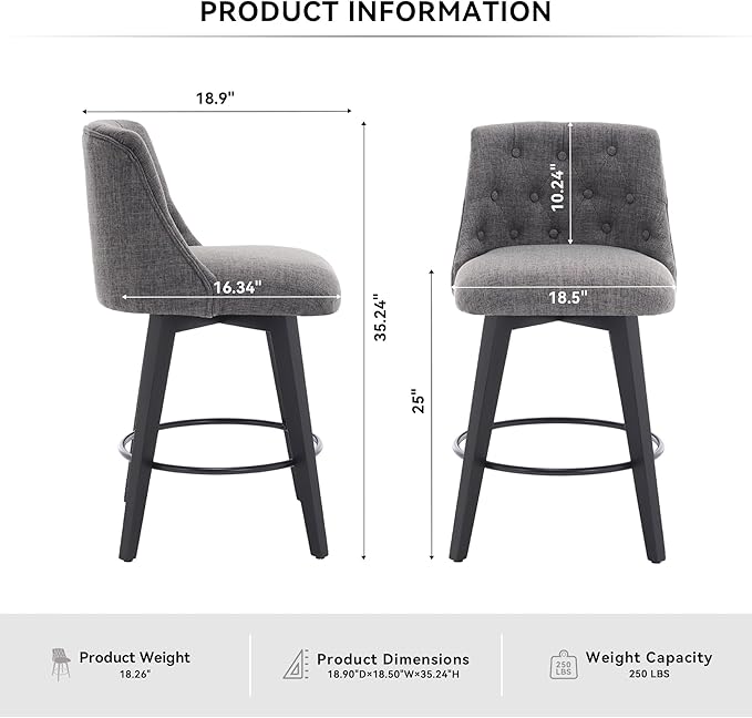 25" Swivel Bar Stools Set of 2-Modern Counter Height Chairs with Linen Upholstery&Button Tufted Back, Solid Wood Frame Barstools for Kitchen Island,for Living Room