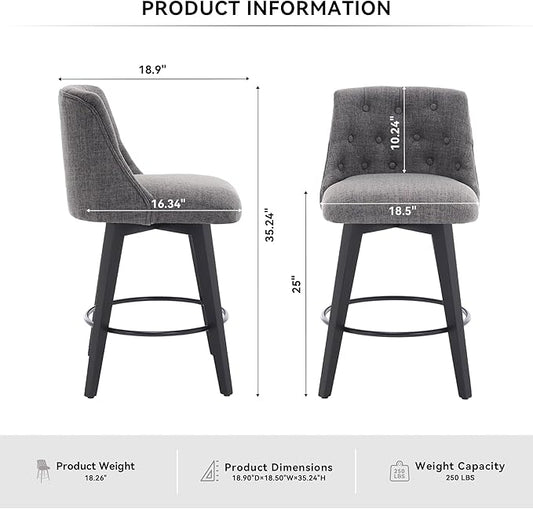 25" Swivel Bar Stools Set of 2-Modern Counter Height Chairs with Linen Upholstery&Button Tufted Back, Solid Wood Frame Barstools for Kitchen Island,for Living Room
