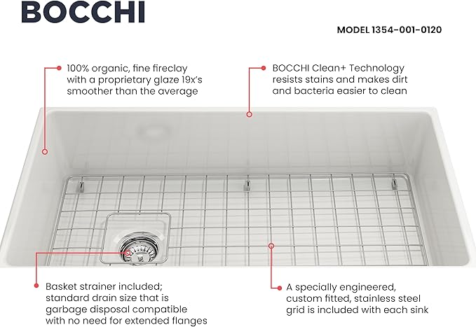 BOCCHI Contempo Farmhouse Apron Front Fireclay 36 in. Single Bowl Kitchen Sink with Protective Bottom Grid and Strainer in White