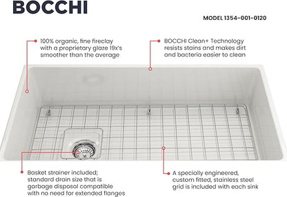 BOCCHI Contempo Farmhouse Apron Front Fireclay 36 in. Single Bowl Kitchen Sink with Protective Bottom Grid and Strainer in White