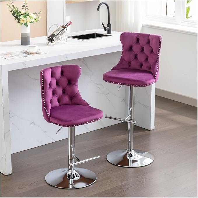 Swivel Velvet Barstools Adjusatble Seat Height from 25-33 Inch, Modern Upholstered Chrome Base Bar Stools with Backs Comfortable Tufted for Home Pub and Kitchen Island（Purple,Set of 2）