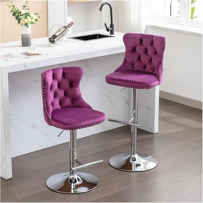 Swivel Velvet Barstools Adjusatble Seat Height from 25-33 Inch, Modern Upholstered Chrome Base Bar Stools with Backs Comfortable Tufted for Home Pub and Kitchen Island（Purple,Set of 2）