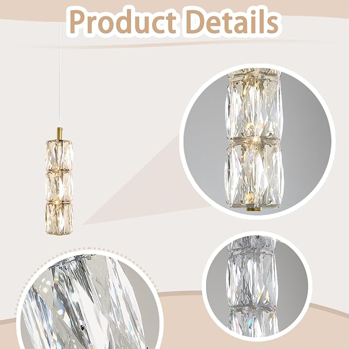 ykolupty 3-Light Gold Chandelier with Dimmable Ceiling Light Crystal Pendant Light for Kitchen Island, Dining Room, Living Room, Entry Hallway