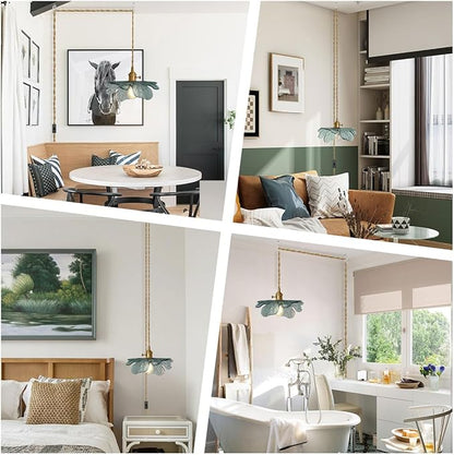 Plug in Hanging light, Modern brass Pendant Light Dark green Glass Shade 14.75ft Hanging Light with Plug in Cord Large glass pendant light Plug in Pendant Lighting for Kitchen Living Dining Room