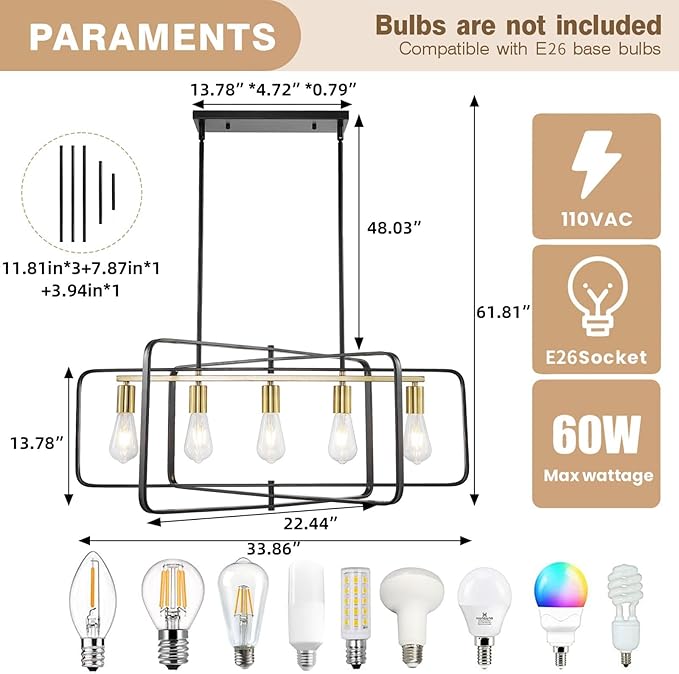 WJShome Farmhouse Chandelier, 5-Light Dining Room Light Fixture Over Table, Hanging Pendant Lights Kitchen Island Linear Chandelier, Black and Gold Rustic Chandeliers for Dining Room