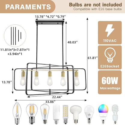 WJShome Farmhouse Chandelier, 5-Light Dining Room Light Fixture Over Table, Hanging Pendant Lights Kitchen Island Linear Chandelier, Black and Gold Rustic Chandeliers for Dining Room