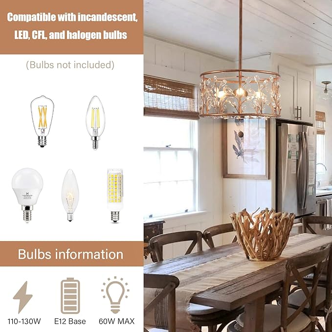 Vintage Crystal Round Chandelier, 15.7" Drum Chandeliers for Dining Room, 3-Lights Kitchen Chandelier Over Table, Hanging Pendant Light Fixture for Entryway Living Room