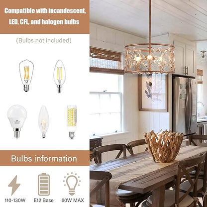 Vintage Crystal Round Chandelier, 15.7" Drum Chandeliers for Dining Room, 3-Lights Kitchen Chandelier Over Table, Hanging Pendant Light Fixture for Entryway Living Room