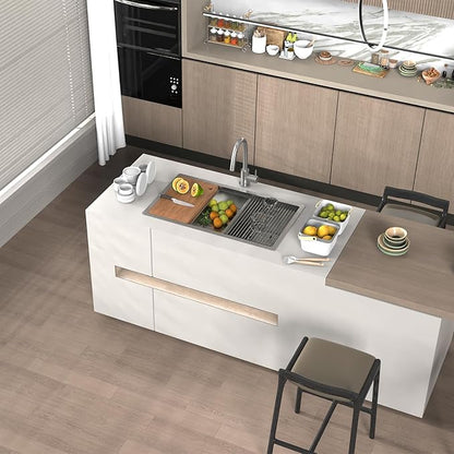 Kitchen Sink Workstation,32"x19" Stainless Steel Undermount Single Bowl Sink Built-in Ledge Drop In Workstation Sink Design For Placing/Sliding Accessories-Cutting Board,Drying Rack,Colander