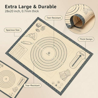 Silicone Baking Pastry Dough Mat - 28x20Inch Extra Large Cookie Bread Rolling Mats Sheet, Nonstick Kitchen Counter Kneading Board Thick Reusable Pie Cookies Pizza Fondant Making Matt Baking Supplies