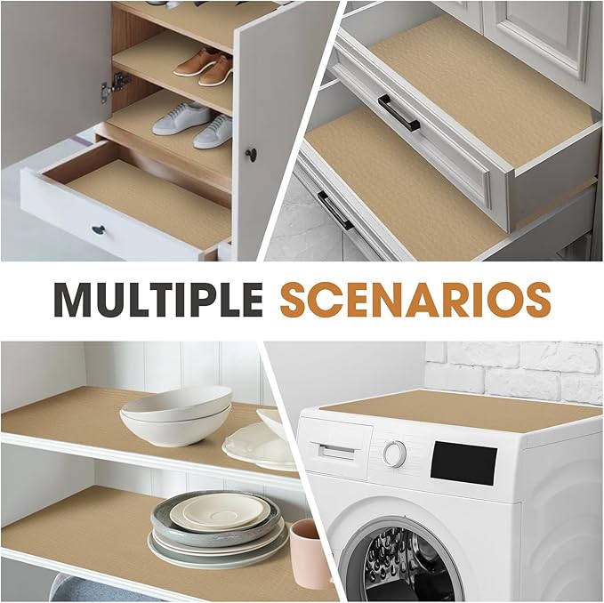 Drawer and Shelf Liner, Non-Slip Kitchen Cabinet Liners Non-Adhesive Thick Strong Grip Waterproof Washable Mats Protect Dresser Shelves Cupboard Bathroom Cabinets, Beige, 18 in X 10 FT