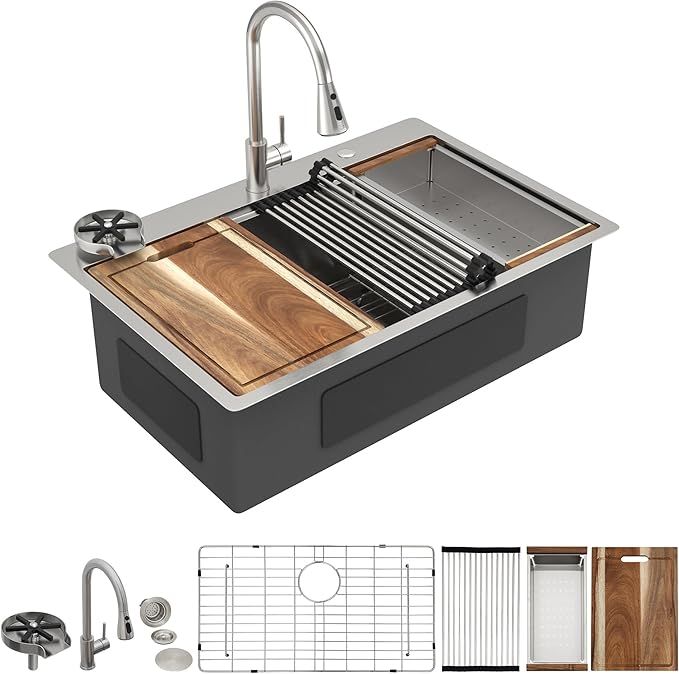 33"x22" Drop In Kitchen Sink Ledge Workstation – 16 Gauge 304 Stainless Steel, Single Bowl Overmount Top Mount Sink Basin with Faucet Combo & Glass Rinser