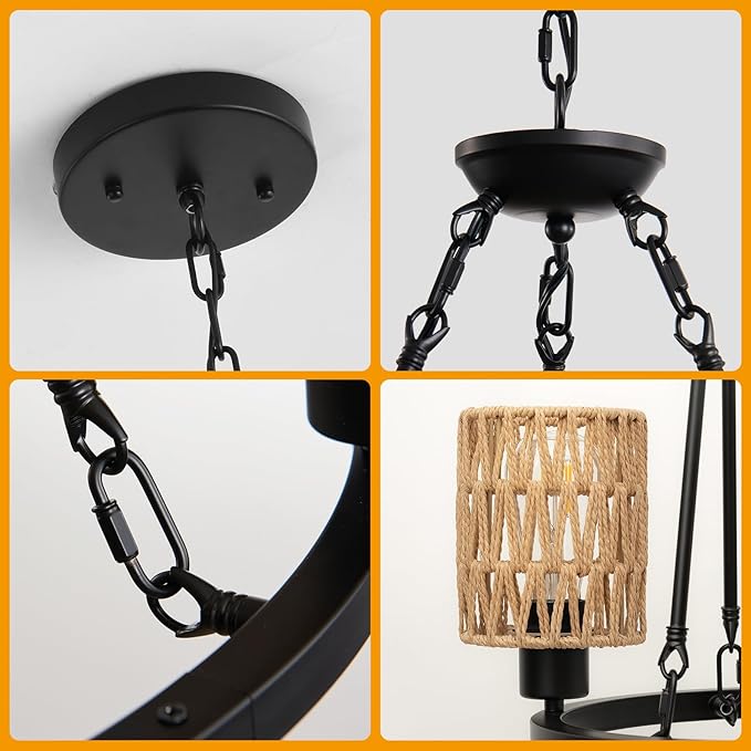 3-Light Boho Rattan Chandeliers for Dining Room,Farmhouse Wagon Wheel Chandeliers,Adjustable Height Hanging Round Pendant Lighs for Kitchen Island,Wicker Lampshade Chandelier Light Fixture