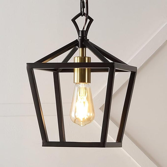 JONATHAN Y 8" Oil Rubbed Bronze/Brass Gold Lantern Pendant Light, 1-Light Pagoda Style Metal Cage Farmhouse Hanging Ceiling Fixture for Kitchen Island, LED Bulb Included (JYL7618C)
