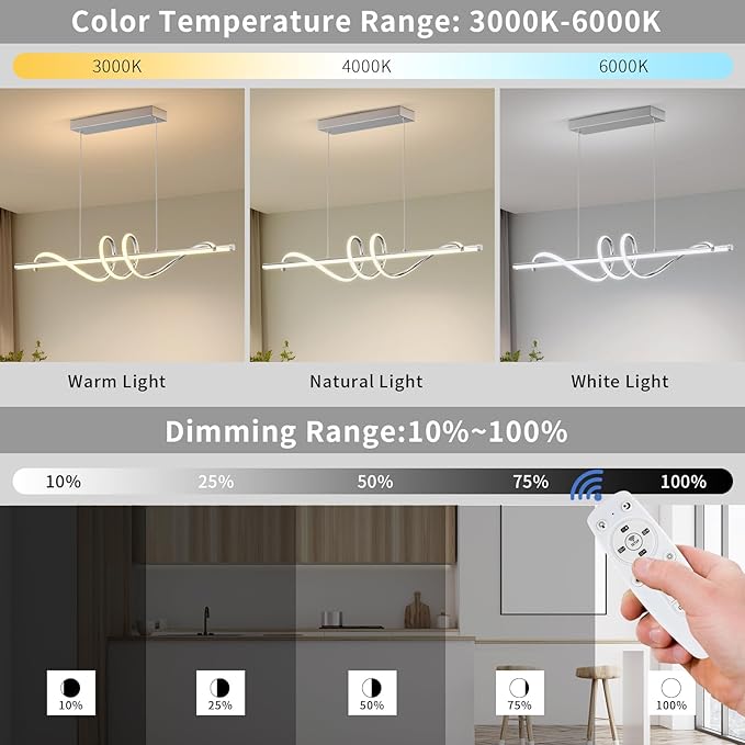 Modern LED Pendant Lights Kitchen Island,3000k-6000K Adjustable Color Dining Room Light Fixture,Dimmable with Remote Control Aluminum for Kitchen, Living, Dining,Bedroom(47in Chrome Silver