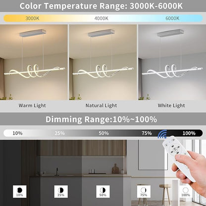 Modern LED Pendant Lights Kitchen Island,3000k-6000K Adjustable Color Dining Room Light Fixture,Dimmable with Remote Control Aluminum for Kitchen, Living, Dining,Bedroom(39in Chrome Silver