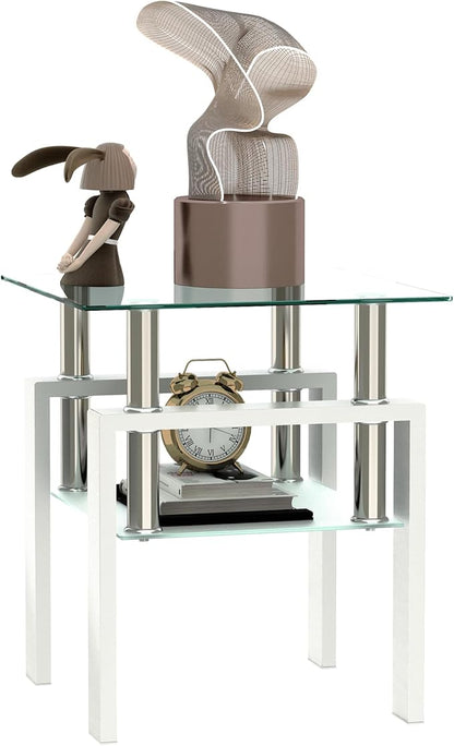 Glass End Table, Glass Side Table with Tempered Glass Top & Metal Legs, Square Living Room Table Modern Tea Table Side Tables 2-Layer for Living Room Bedroom