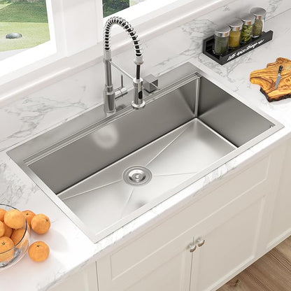 Sarlai 36 Inch Drop In Kitchen Sink - 36x22 Drop Kitchen Sink Ledge Workstation 16 Gauge Stainless Steel Sink Topmount Single Bowl Over Counter Kitchen Sinks Basin Round Corners