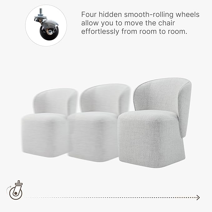 KISLOT Upholstered Dining Chairs with Wheels, No Assembly Stain Resistant Fabric Modern Barrel Armchair with Casters, Dining Room Chairs for Kitchen Living Room Bedroom, Light Grey, Set of 2