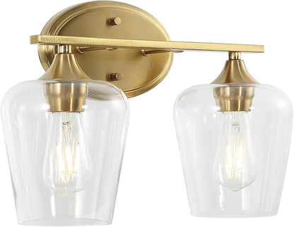 JONATHAN Y 15.75" Brass Gold 2-Light Farmhouse Rustic LED Vanity Light Sconce, Clear Glass Shade, Vintage Indoor Fixture for Bathroom Mirror, LED Bulb Included (JYL7546B)