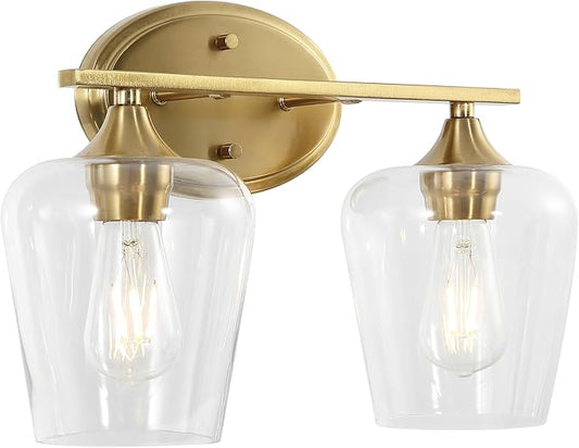 JONATHAN Y 15.75" Brass Gold 2-Light Farmhouse Rustic LED Vanity Light Sconce, Clear Glass Shade, Vintage Indoor Fixture for Bathroom Mirror, LED Bulb Included (JYL7546B)