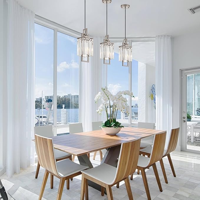 Modern Brushed Nickel Pendant Light Fixture for Kitchen Island and Dining Room, Industrial Small Hanging Crystal Chandelier Light Fixture for Bedroom Entryway Living room Foyer Hallway 3-Pack